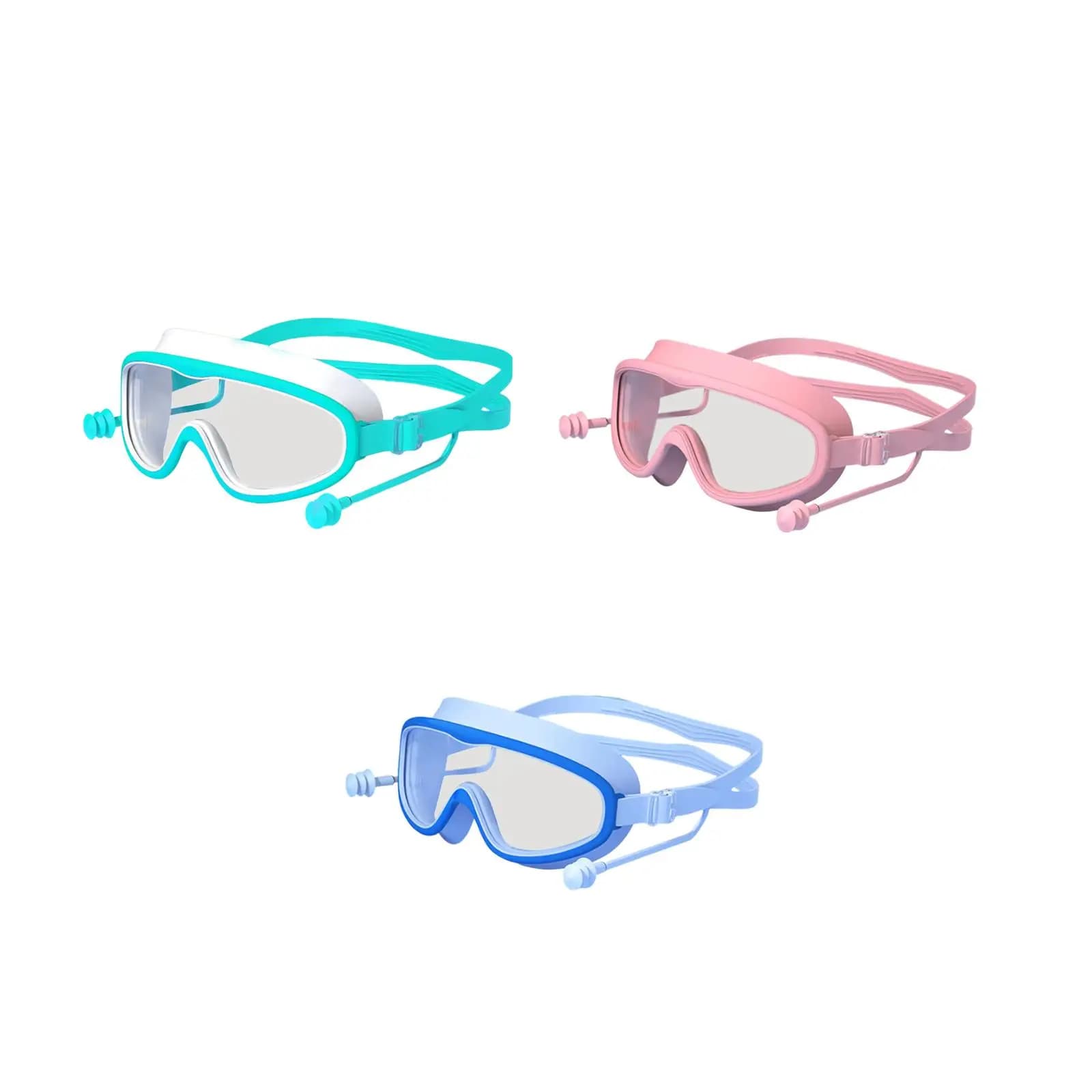 Kids Swimming Goggles Anti Fog Wide Frame Silicone Seal with Earplugs Adjustable Strap Waterproof Swim Glasses for Pool Use