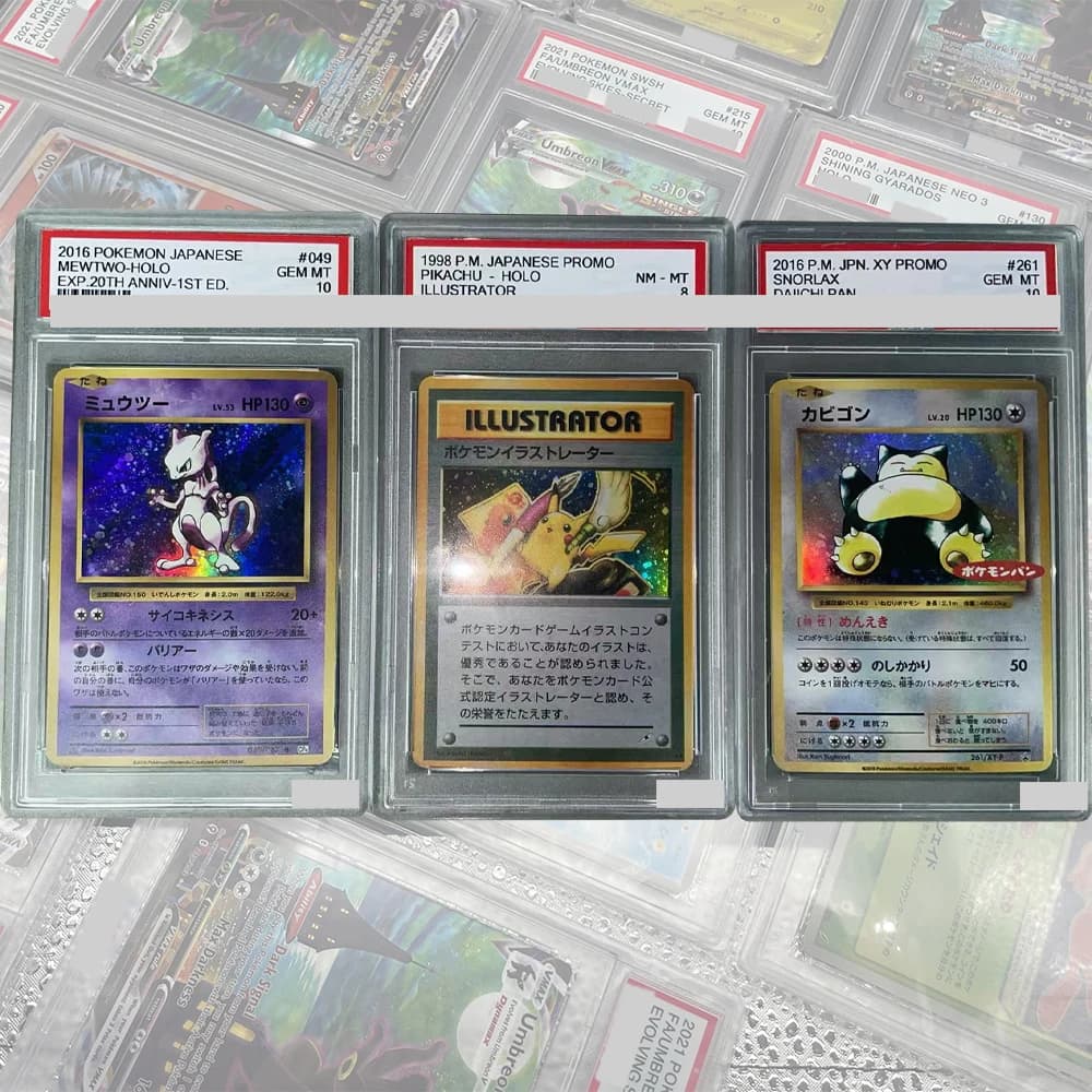 Carte da collezione classificate Proxy DIY PTCG PM PROMO ILLUSTRATORE MEWTWO-HOLO SNORLAX NM-MT 8 carte Etichetta olografica Regali per bambini