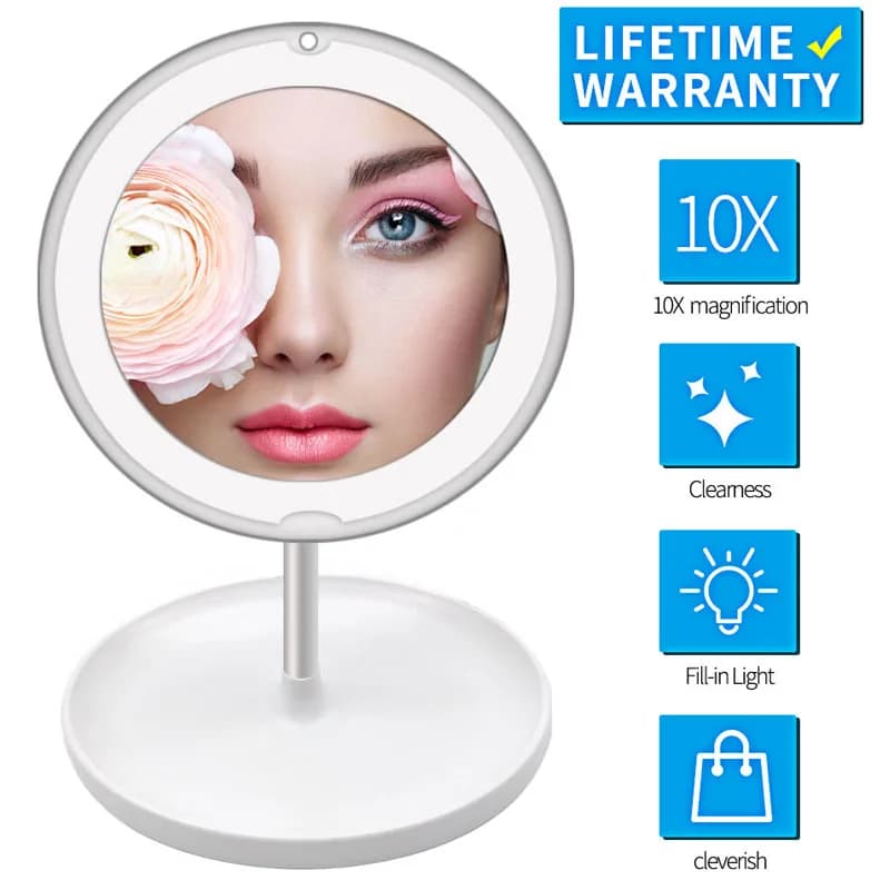 Specchio con lente d'ingrandimento 10X Specchio cosmetico portatile con ventosa in vetro Specchio per trucco con luce a LED Specchio cosmetico per bagno illuminato