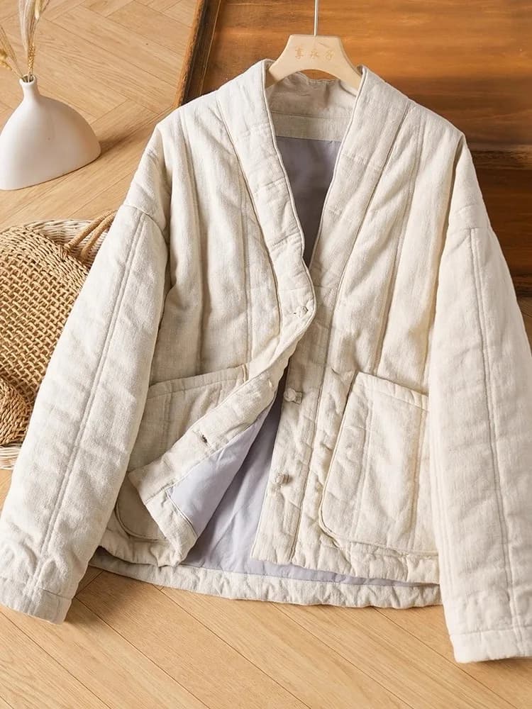 Giacca in Cotone e Lino Ispessito da Donna, Cappotto Invernale Leggero e Caldo, Stile Cinese con Bottoni
