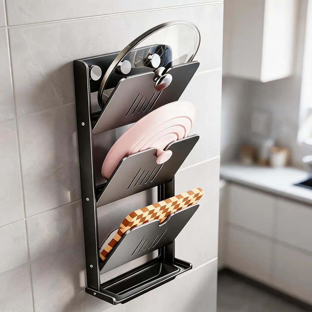 Suction Cup Pot Lid Organizer, Foldable Wall Mounted Storage Rack With Drainage Tray,No Drill Holder For Lids And Cutting Boards