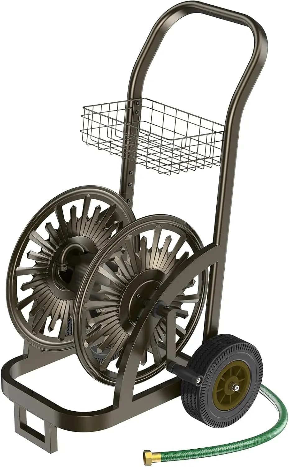 Carrello Avvolgitubo da Giardino in Acciaio Rinforzato - Contiene 60m di Tubo da 5/8, Mobile con Ruote e Cesto Portaoggetti
