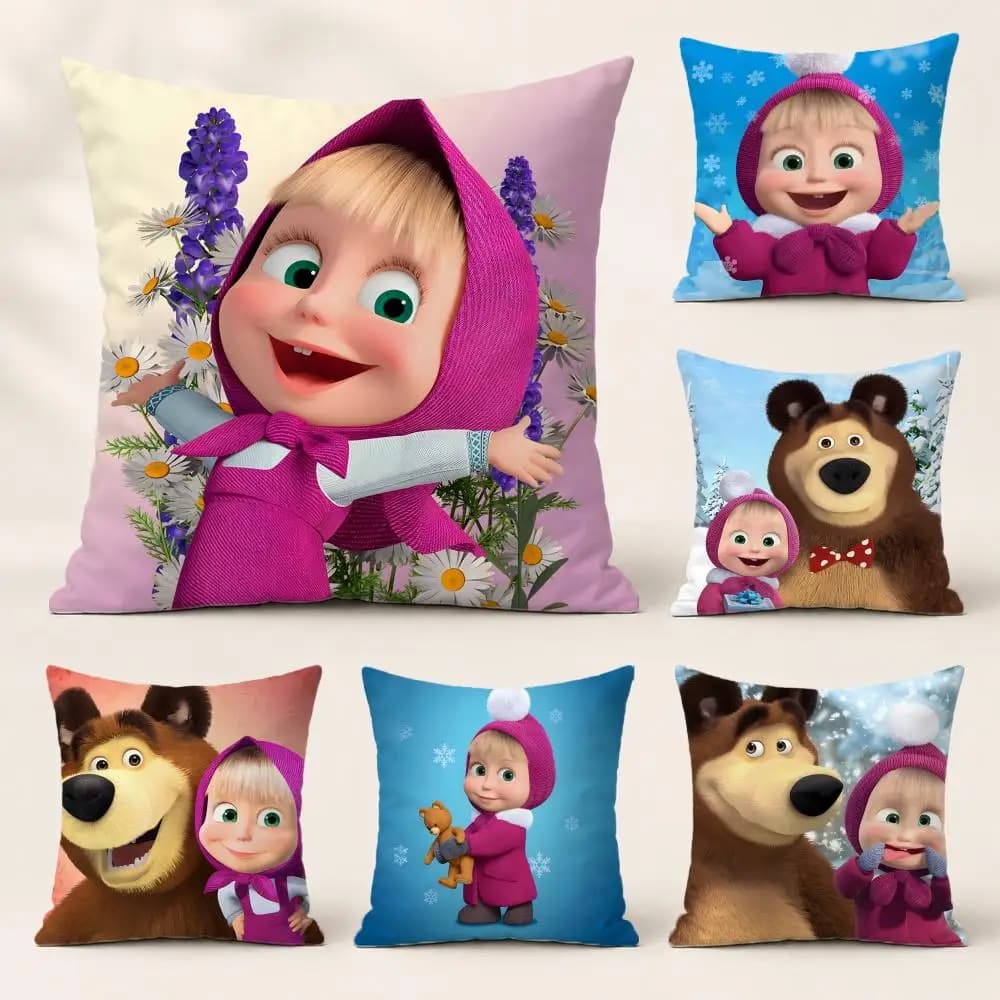 Cartoon MMasha and the Beared Cushion Cover Washable Soft Thick Cushion Cover Decorative Pillowcase for Sofa Living Room Home