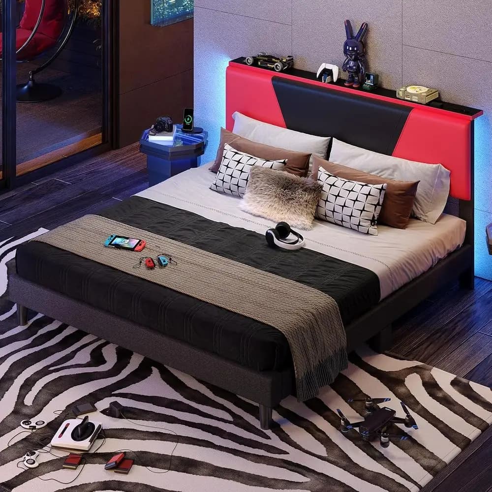 Luxury King Size Double Bed with LED Lighting, Container, Wooden Dows Support, No Noise, No Damage Network - Black and Red