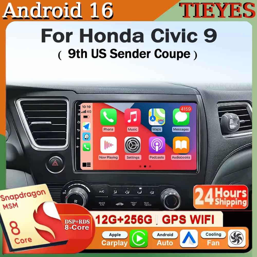 Per Honda Civic 9 9th US Sender Coupe Android 15 Carplay Auto Autoradio Multimedia Video Player Navigazione GPS WIFI 4G DSP DVD