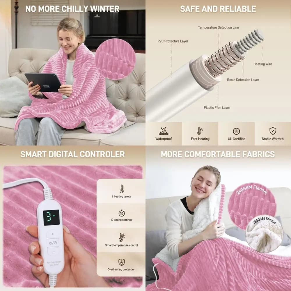 Coperta Elettrica Queen Size 84 x 90 - 10 Impostazioni di Tempo e 6 Livelli di Calore, Morbida Flanella, Lavabile in Lavatrice, Protezione da Surriscaldamento, Rosa