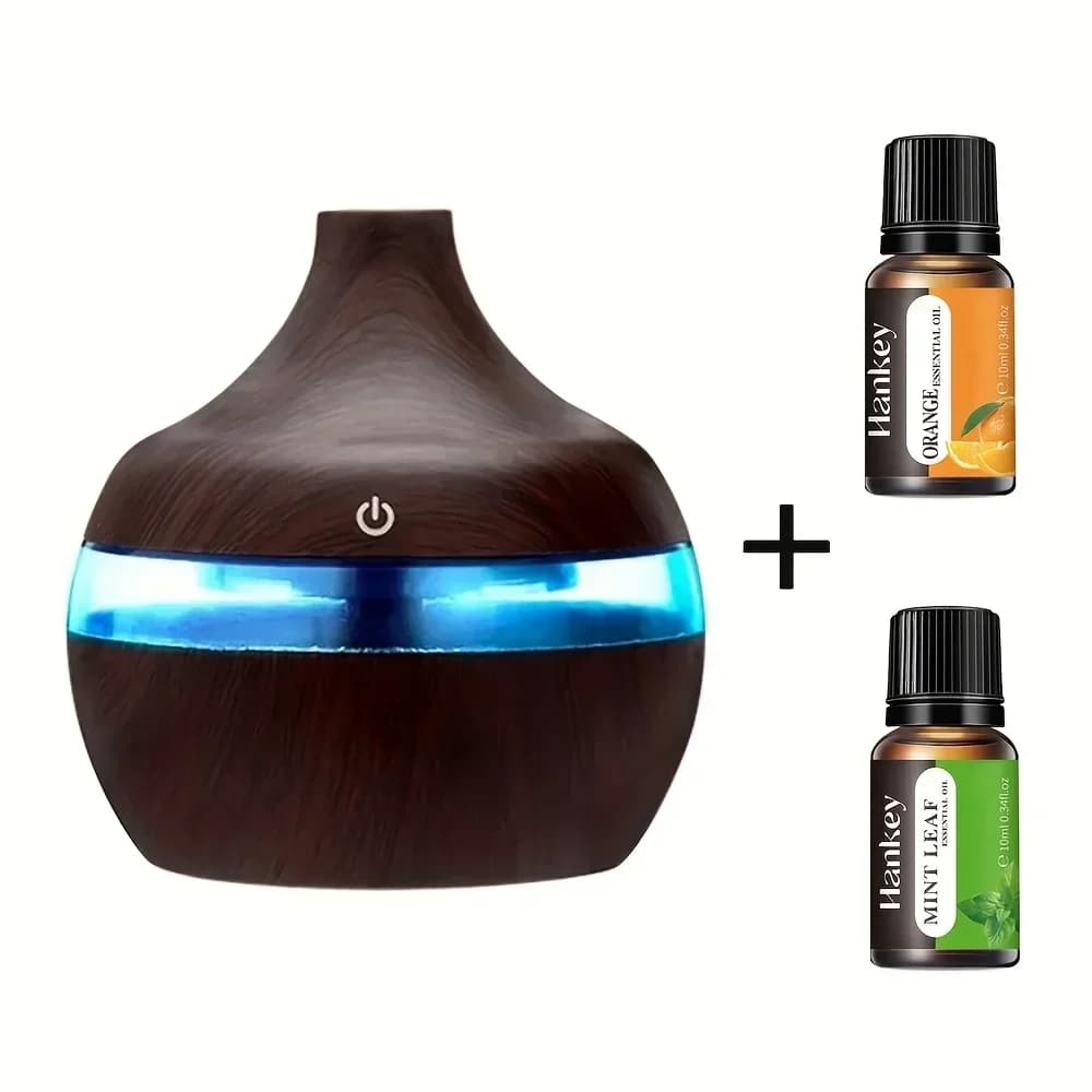 Umidificatore in Legno di Noce - Diffusore USB da 300ml per Oli Essenziali, Design Elegante da Scrivania con 2 Oli Iniziali