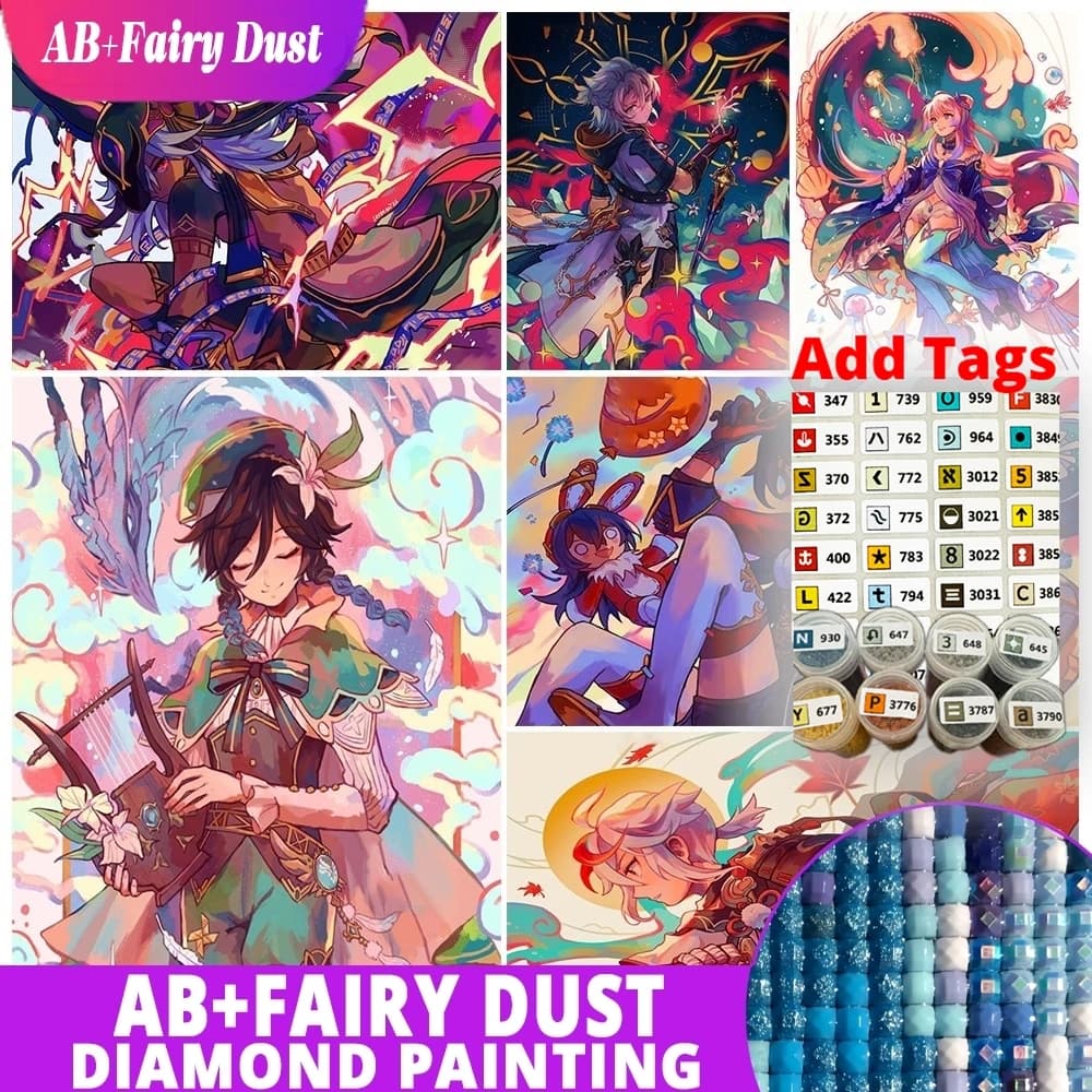 AB Fairy Dust Game Genshin Impact 5D Diamond Painting Anime Diy Cross Stitch Kit Pixel Art Picture Mosaic Home Decoration Hobby