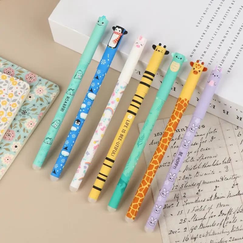 Set di 7 Penne Gel Cancellabili con Animali Cartoon Creativi, Ape, Coniglio, Giraffa, 0.5mm, per Scrittura e Forniture Scolastiche, Vendita all'Ingrosso