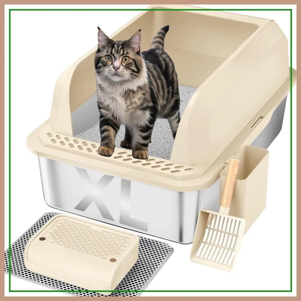 Lettiera per Gatti in Acciaio Inossidabile con Coperchio, Extra Large, Bordi Alti, Anti-Perdita, Antiaderente, Facile da Pulire, Include Paletta, Tappetino, Beige