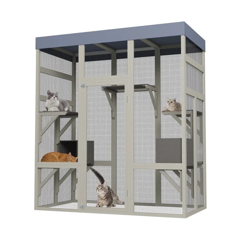62.6" Wooden Cat Enclosure with Waterproof Roof, 2 Nooks, Platforms, Galvanized Wire Mesh – Secure Outdoor Shelter