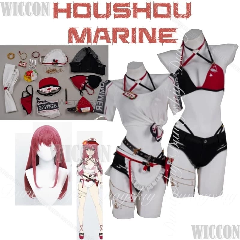 Hololive Gamers Virtual Anchor JP Houshou Marine Cosplay con lunga parrucca rossa Youtube con costume da bagno estivo Costume cosplay Set completo