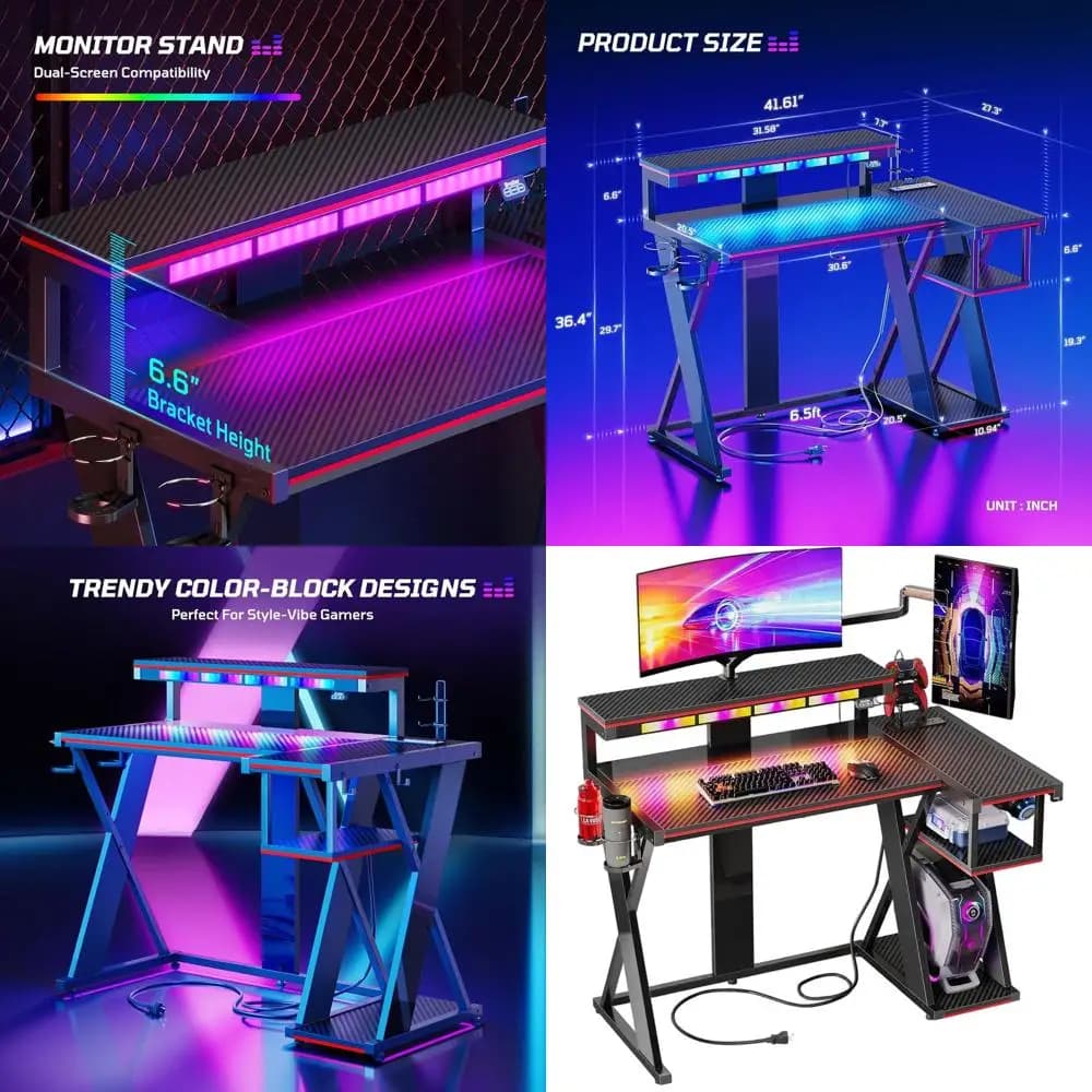 Computer desk with music synchronization light, Flow Vibe corner desk with monitor support and PS5 shelves, hairdressers and headphones
