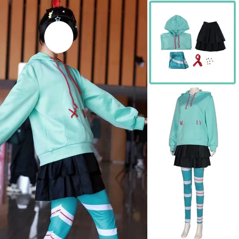 Anime Vanellope Cosplay Movie Costume Green Hoodie Skirt Uniform Full Set Comic Con Halloween Costumes for Women Girls