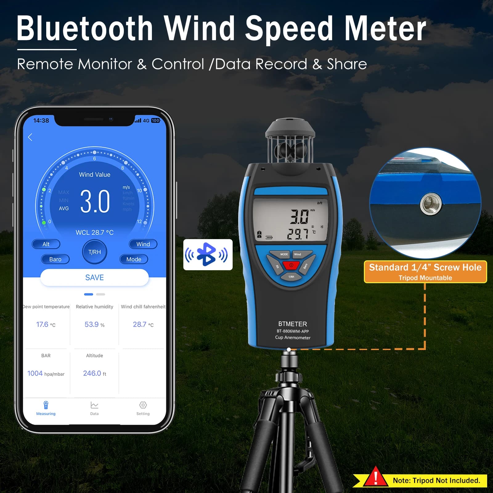 Portable Anemometer With Compass, Measurement Of Atmospheric Pressure, Dew Point, And Altitude, Cup Wind Speed Tester Instrument