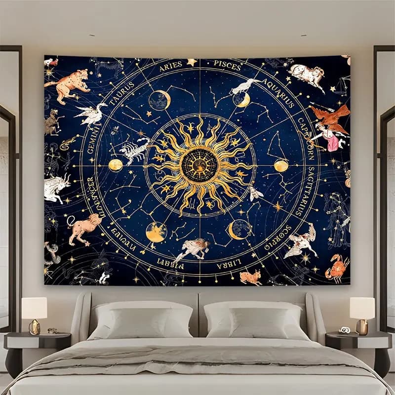 Zodiac Constellation Tapestry Astrology Star Map Galaxy Boho Wall Decor Fabric Print Room Decoration 150x300cm