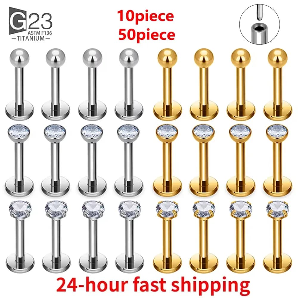 10/50pcs 20/18/16g G23 Titanium Piercing CZ Lip Labre Earrings set Lip Stud Ring Tragus Free Spiral Cartilage Jewelry For Women