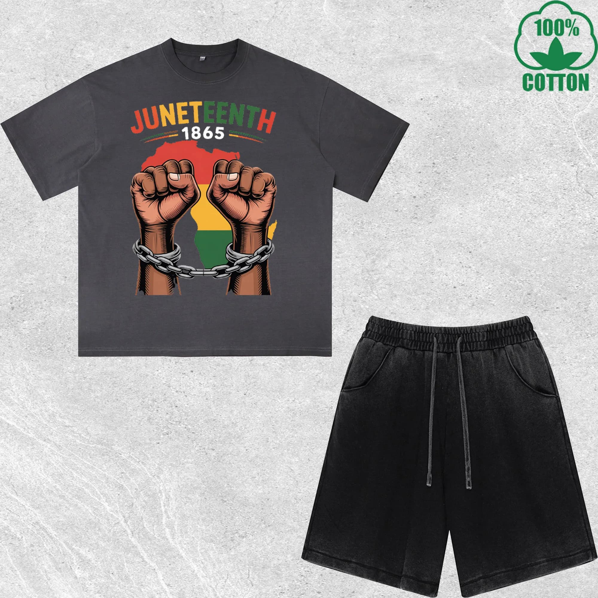 Juneteenth 1865 T-shirt and Shorts Set Printed Multicolor Delavé Effect, Wide fit, Trendy and Fashion, 100% Cotton, Convenience Pack