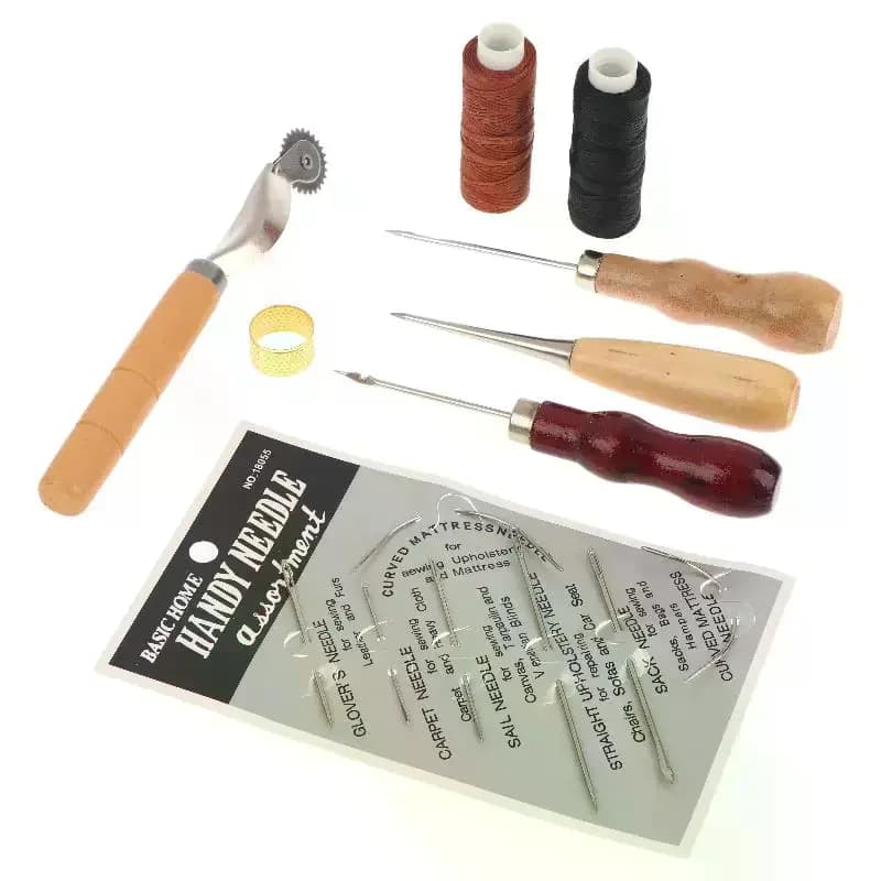 Sewing Tools Kit Wooden Handle Needles Awl Waxed Thread Stitching Groover Thimble For DIY Craft Hand Stitching Repair Leather