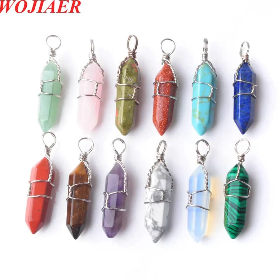 10 pz/lotto Wire Wrap Colonna Esagonale Della Pietra Preziosa Punto di Guarigione Chakra Gemme Pendolo Perlina Ciondolo In Pietra Per La Collana FAI DA TE BO946