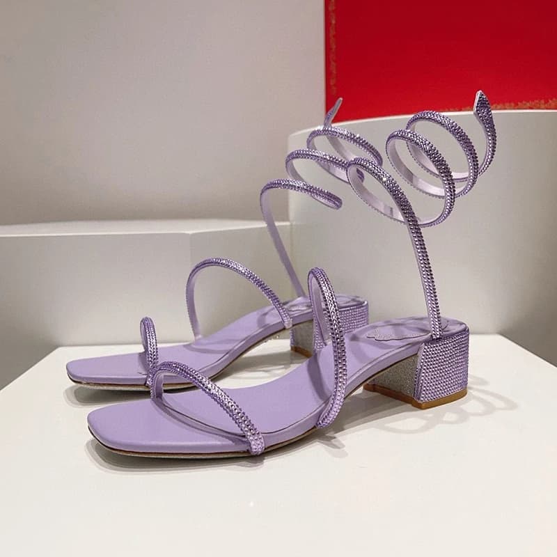 Square Toe Chunky High Heels Sandals Women's Shiny Crystal Ankle Snake Twine Around Party Shoes Summer Gladiator Sandalias