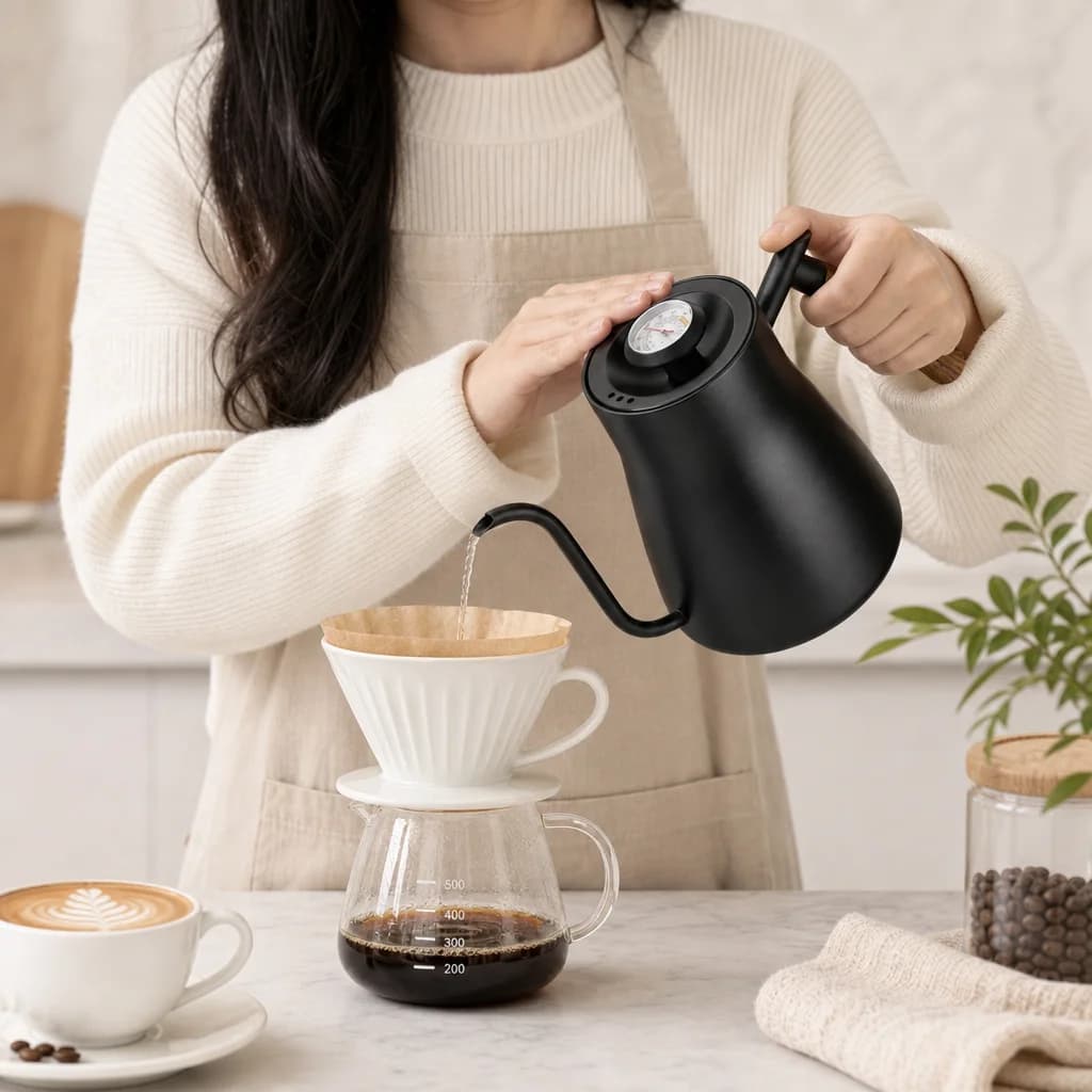 850ml Black Gooseneck Coffee Kettle with Thermometer Stainless Steel Pour Over Pot Wooden Handle