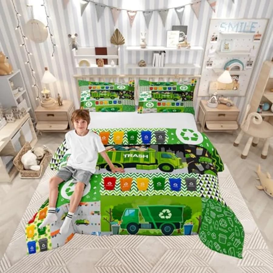 Set Copripiumino per Ragazzi con Camion della Spazzatura Cartoon, Set Copripiumino Colorato con Bidoni della Spazzatura, Set Biancheria da Letto per Adolescenti con Auto Verdi Carine, Set Astratto S