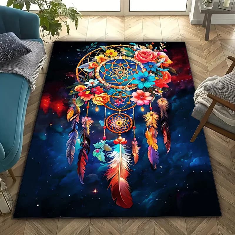 Ultra-Soft Crystal Velvet Dream Catcher Area Mat - Vibrant Floral & Starry Night Design, Non-Slip Polyester Mat for Bedroom & Li