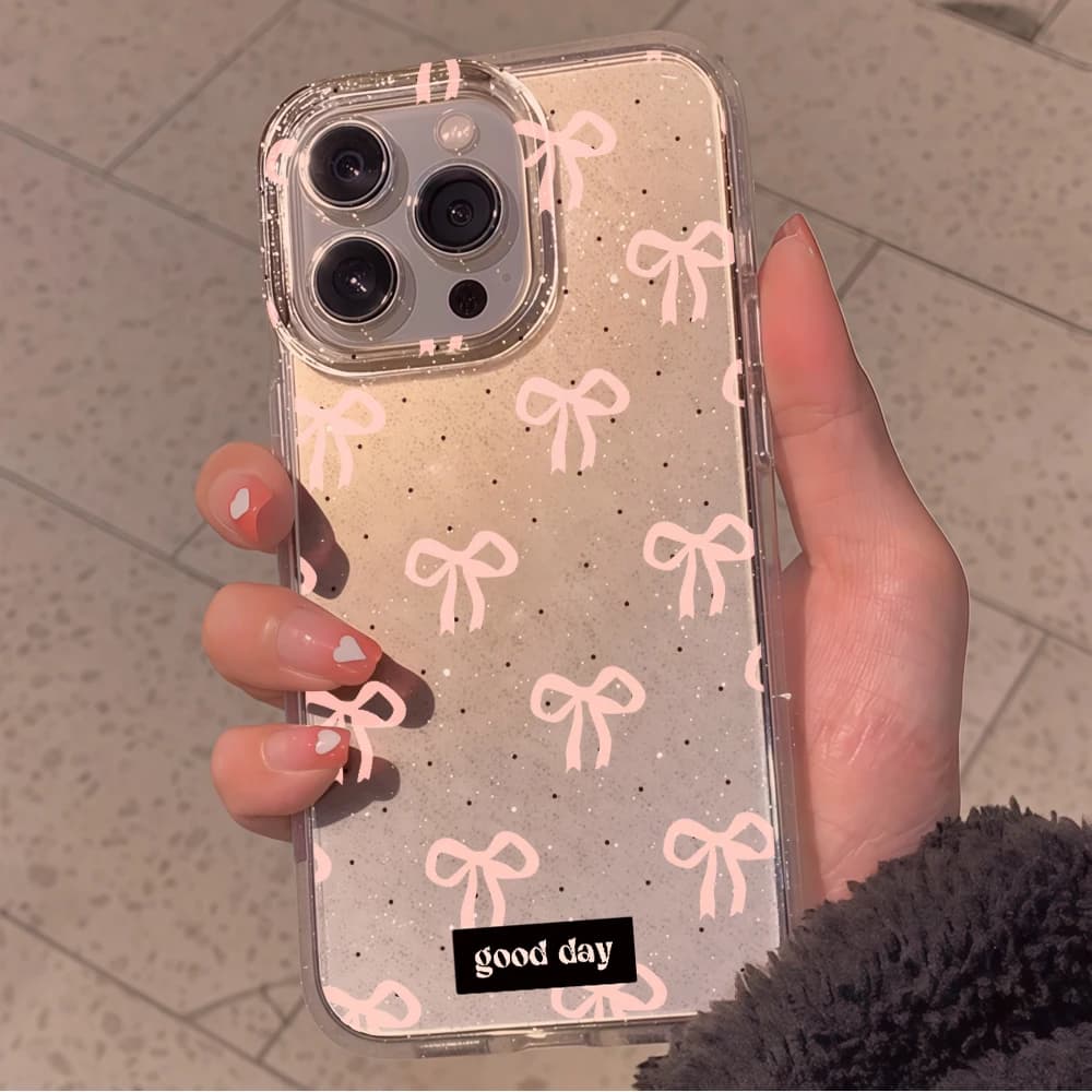 Custodia per telefono rosa con fiocco e glitter INS per iPhone 17 Pro Max 16 14 15 17 13 12 11 Pro Plus 17E 16E XR XS, cover morbida trasparente in TPU
