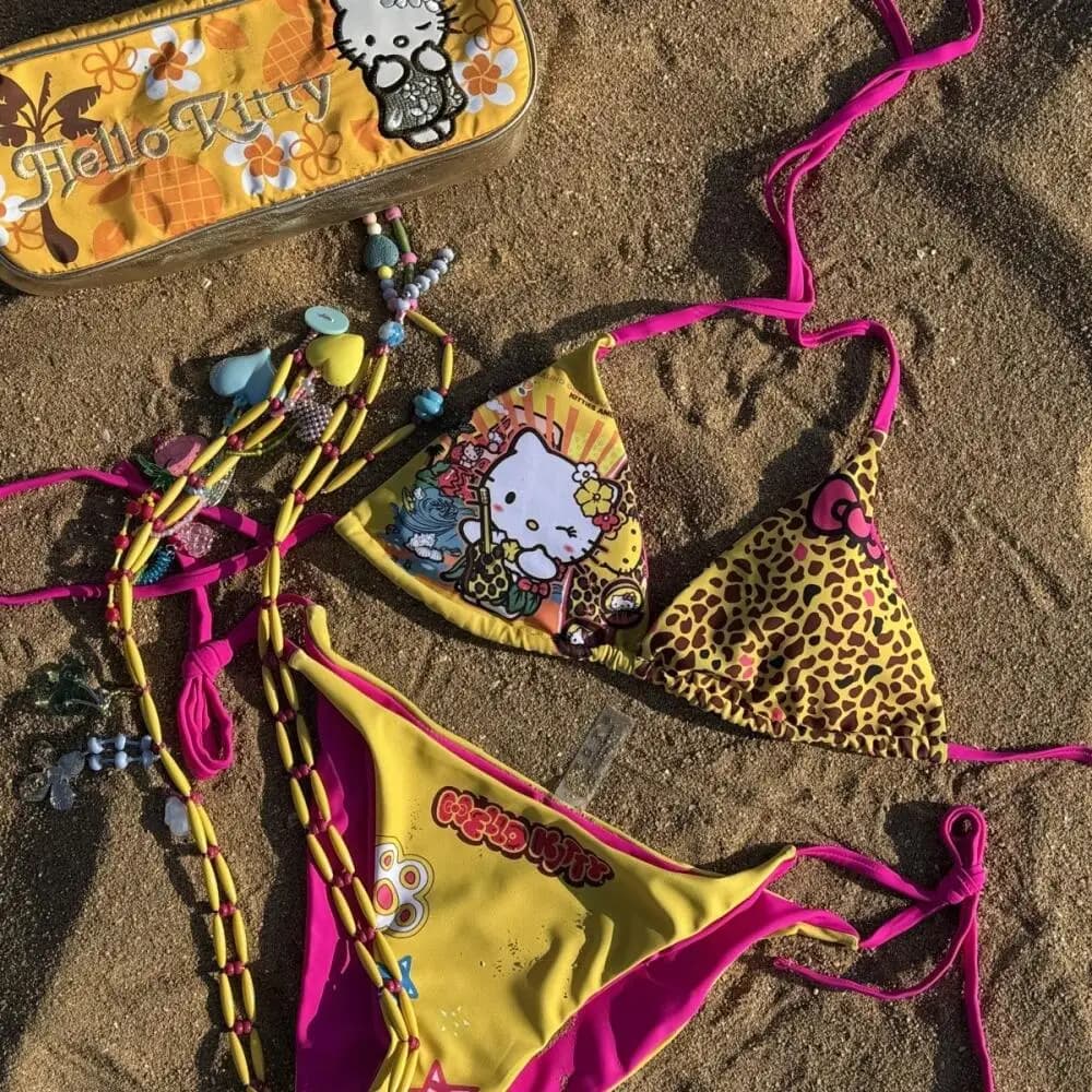 Costume da bagno giapponese Hello Kitty con spalline divise, bikini sexy da donna per l'estate, set bikini per ragazze, costume da bagno Y2K per spiaggia e mare, carino