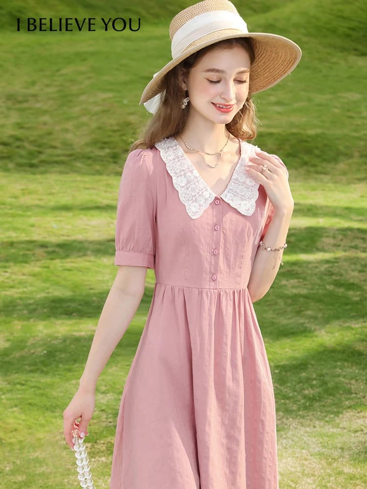 I BELIEVE YOU abito in pizzo rosa 2023 estate nuovo francese 100% cotone Slim Fit colletto Peter Pan una linea manica A sbuffo Vestido 2232095072