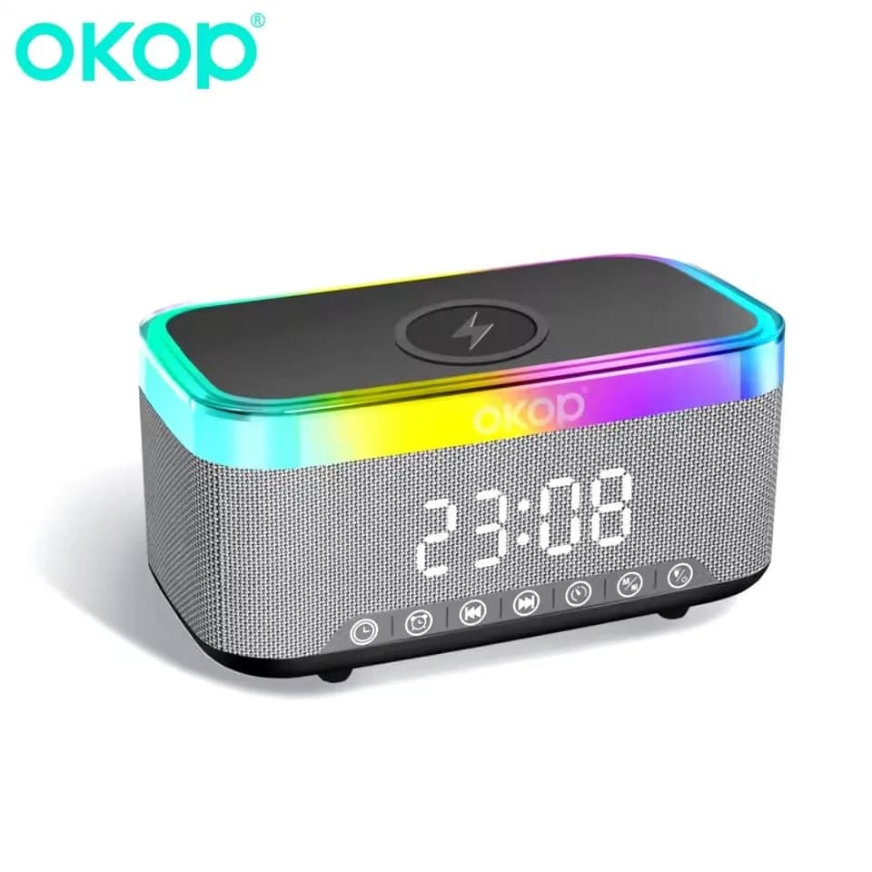 OKOP Altoparlante Bluetooth Alimentazione 15W Ricarica wireless, Sveglia Orologio RGB Luce ambientale Rumore bianco Altoparlante caricatore da tavolo