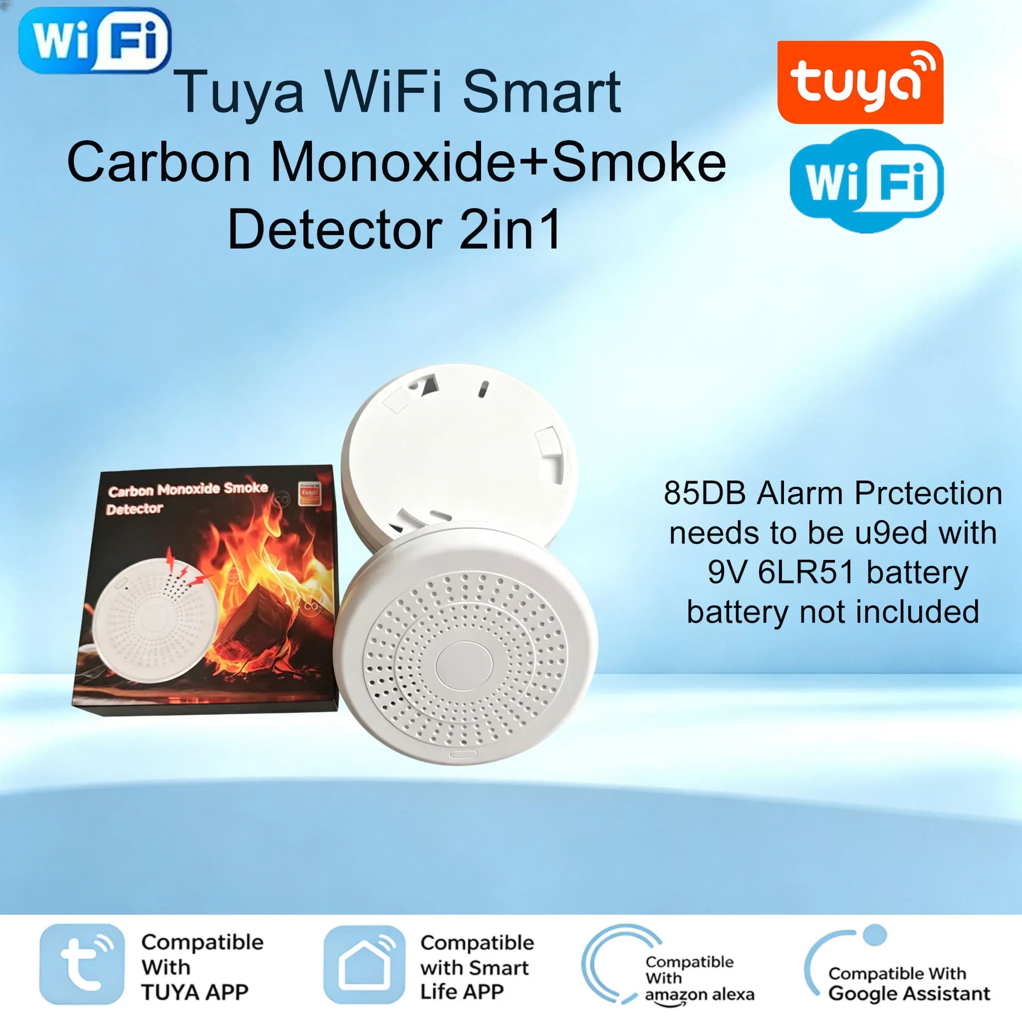 Smart WiFi 2IN1 CO Smoke Detector Tuya Smart Life APP Remote Alert Carbon Monoxide Fire Sound Alarm Home Security Sensor