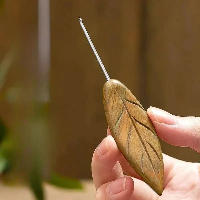 Uncinetto con Manico in Legno di Sandalo Verde, Ago in Acciaio Inossidabile Lucidato a Mano, Strumento per Tessitura Fai-da-Te