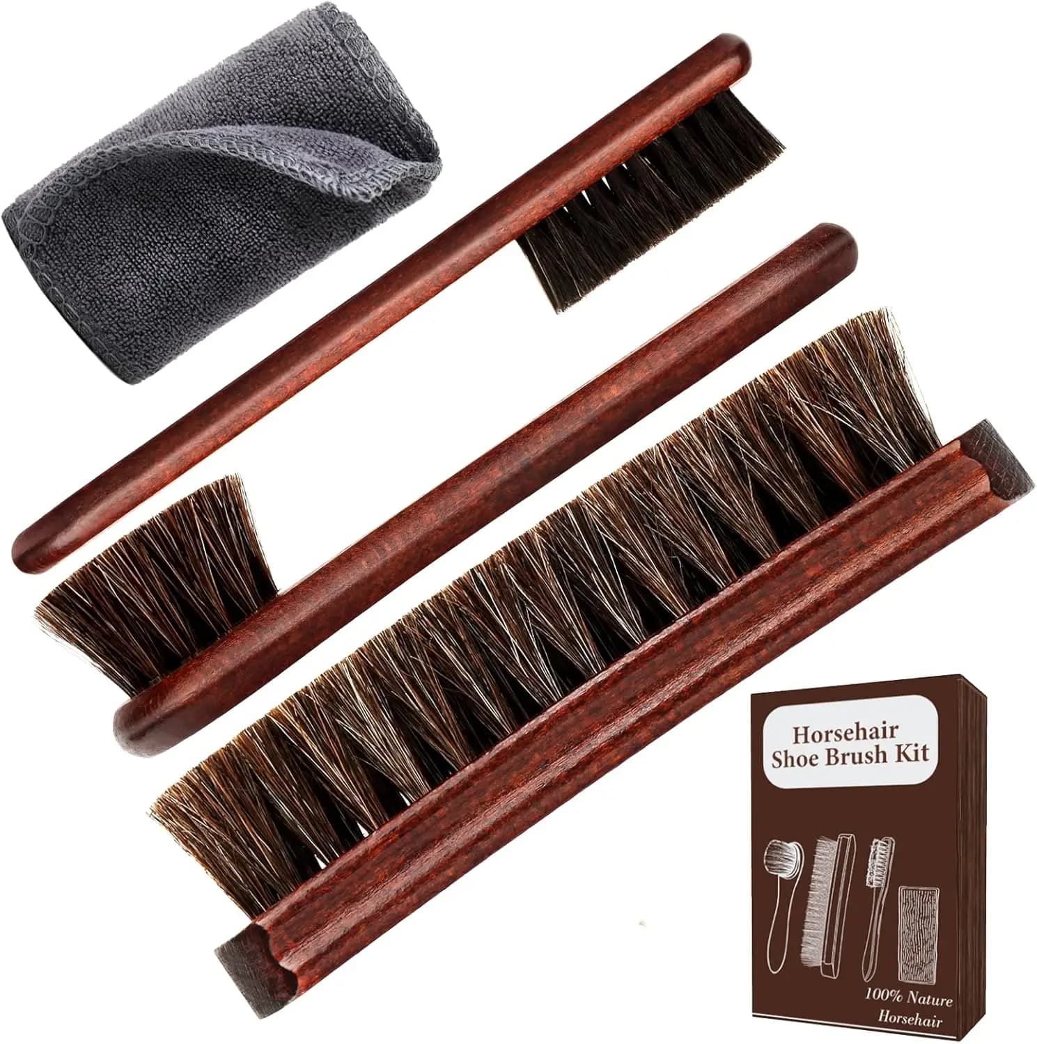 Kit Spazzole per Scarpe in Crine di Cavallo per la Cura della Pelle - Set da 4 Pezzi con Applicatori Dauber, Spazzole Lucidanti e Panno per la Pulizia delle Scarpe