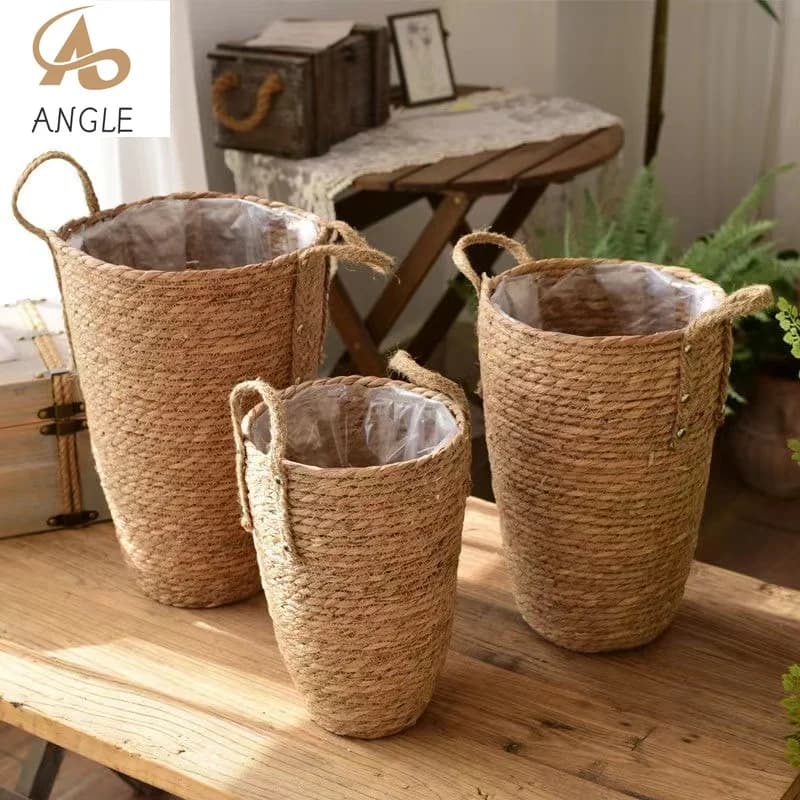 High flower basket in natural wicker, flowerpot, home garden decoration, laundry bucket, storage baskets for dirty clothes, toy door