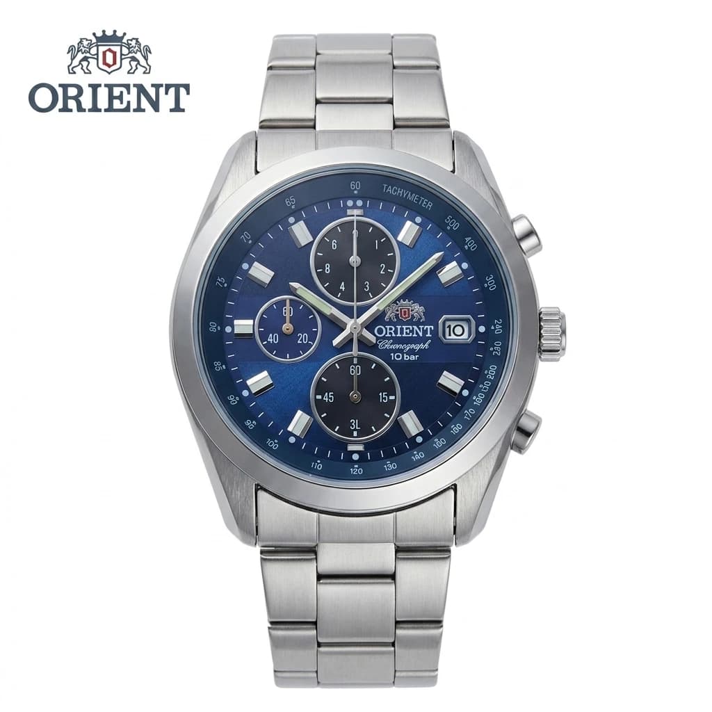 Japan Orient Men's Sports Quartz Chronograph Watch with Tachymeter Scale Date Display 100M Waterproof Stainless Steel Wristwatch