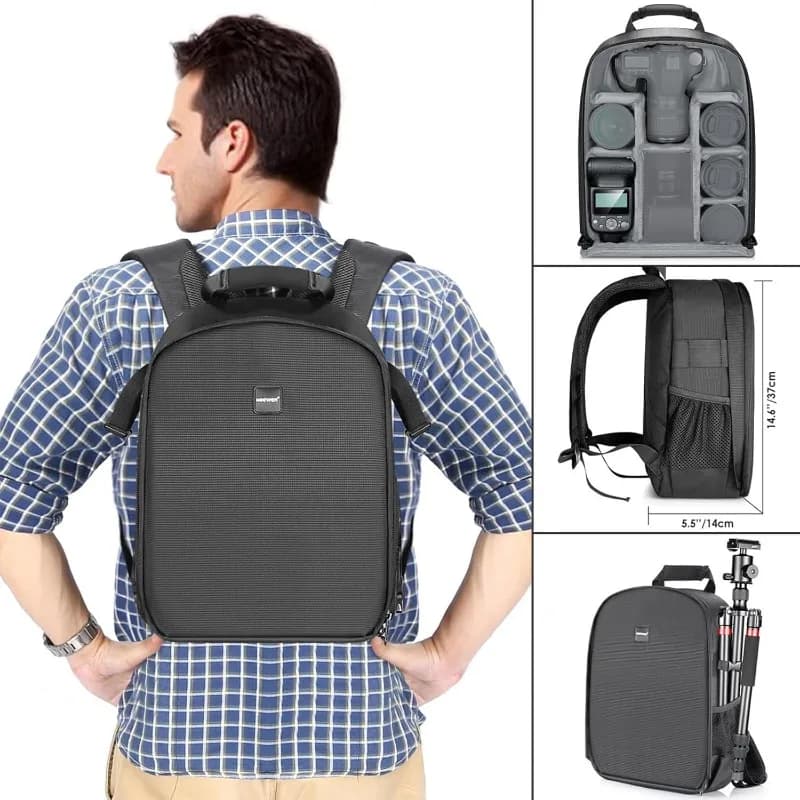 Borsa per fotocamera Resistente all'acqua Antiurto con scomparti 30x14x37 cm Zaino protettivo per reflex, obiettivi, batterie e altri accessori
