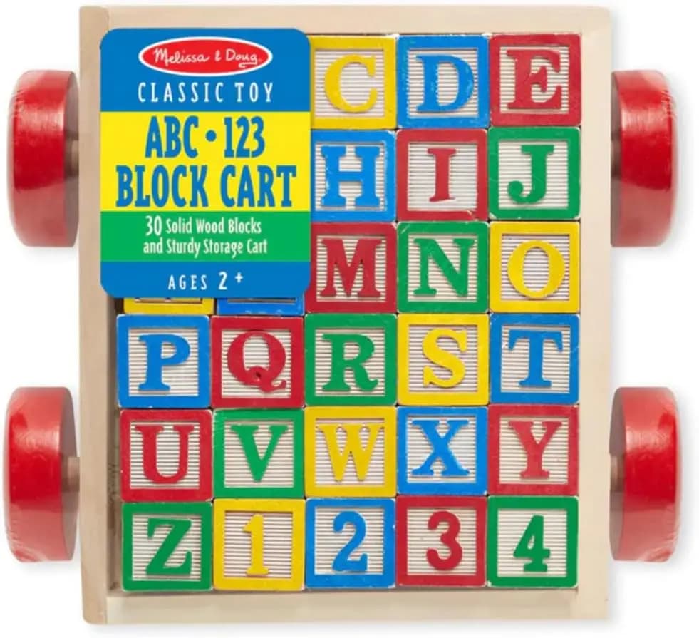 Carrello Classico in Legno con Blocchi ABC e 30 Blocchi Colorati, Giocattolo Educativo per Bambini dai 2 Anni in su