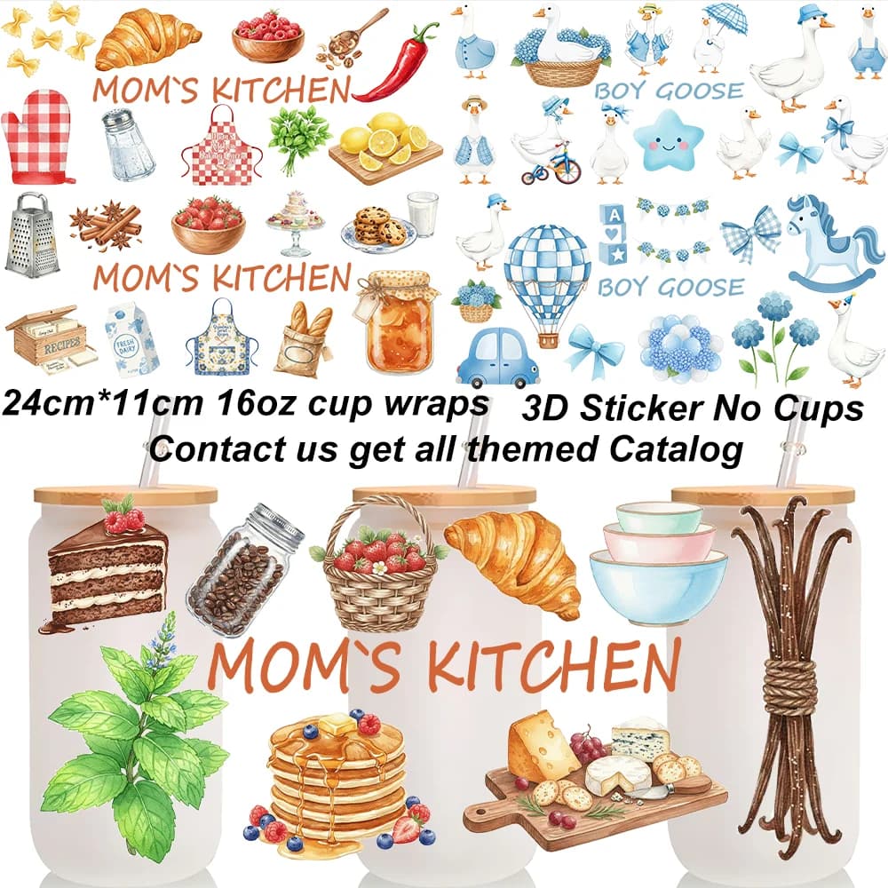 Mom's Kitchen Design UV DTF Cup Wraps 16oz Libbey Can 3D Transfer Stickers Watercolor Boy Goose Themed Waterproof Cup Decals