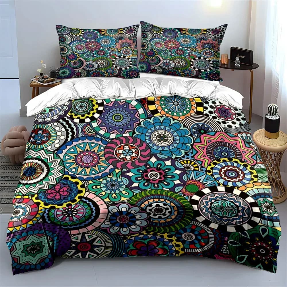 Set di biancheria da letto colorato con motivo Mandala, tre pezzi, con 1 copripiumino e 2 federe, singolo, matrimoniale, king, queen, idea regalo