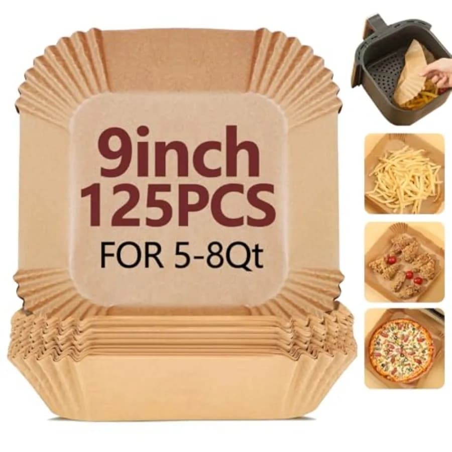 9 Inch Air Fryer Liners Disposable-125PCS Square Parchment Paper Liners, Heat Resistant and Non-Stick, Unbleached Liners for Ai