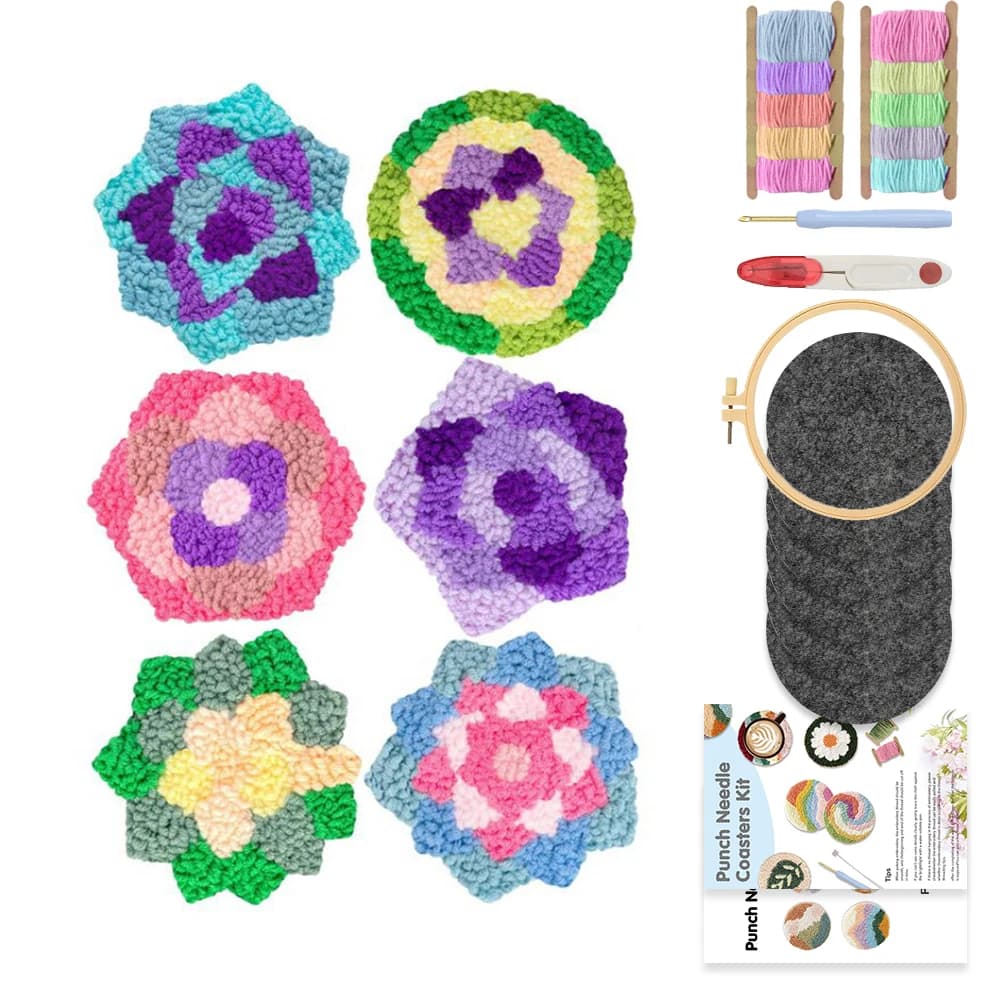GATYZTORY 6PCS Punch Needle Embroidery Coaster Starter Kits for Adults Beginners Handcraft Punch Needle Kits Home Decor