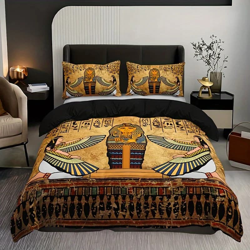Set antique Egyptian soft and breathable artistic duvet cover (1 duvet + 2 pillowcase) Bed linen set with HD print for home dorm