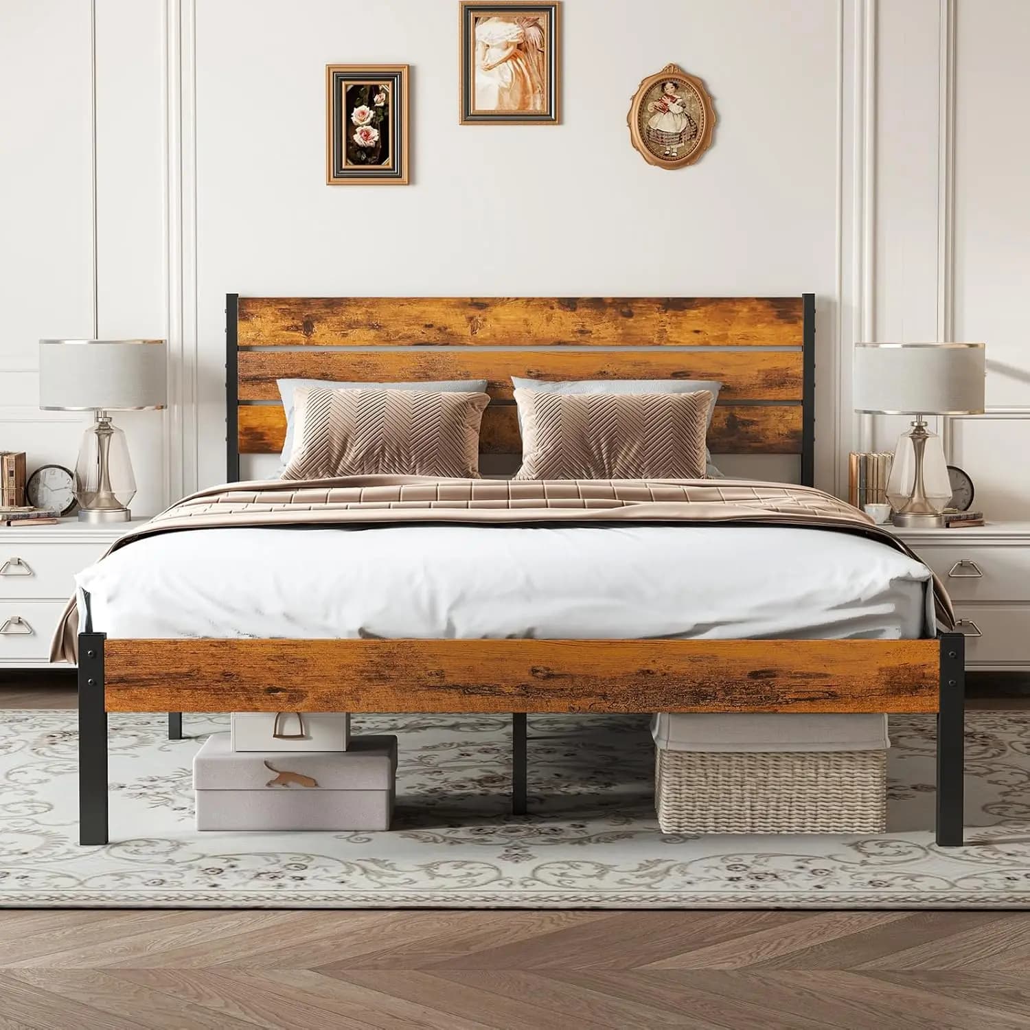 Double Bed Structure with Headboard, 800LBS Mattress Support with Robusto Metal Support, Vano Storage Under Bed, No Box
