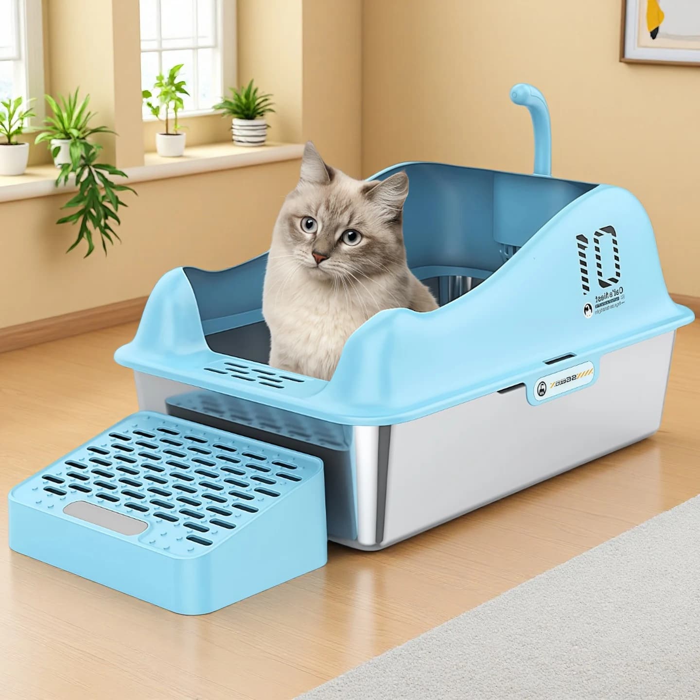 Lettiera per gatti in acciaio inossidabile aperta, recinzione in ABS, con pala, con pedale, prodotti per la pulizia degli animali domestici, toilette per gatti rialzata e antispruzzo