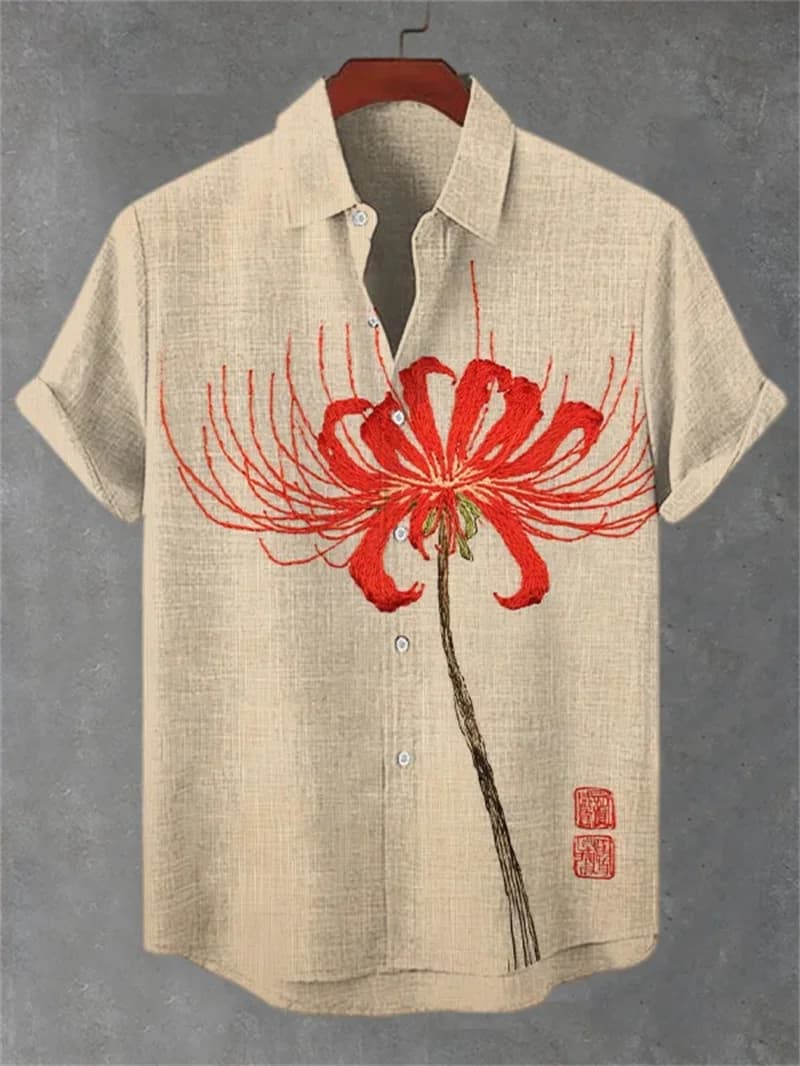 Camicia da uomo in lino Henry Cat con stampa 3D di fiori di ciliegio, camicia estiva a maniche corte, top casual alla moda da uomo hawaiano