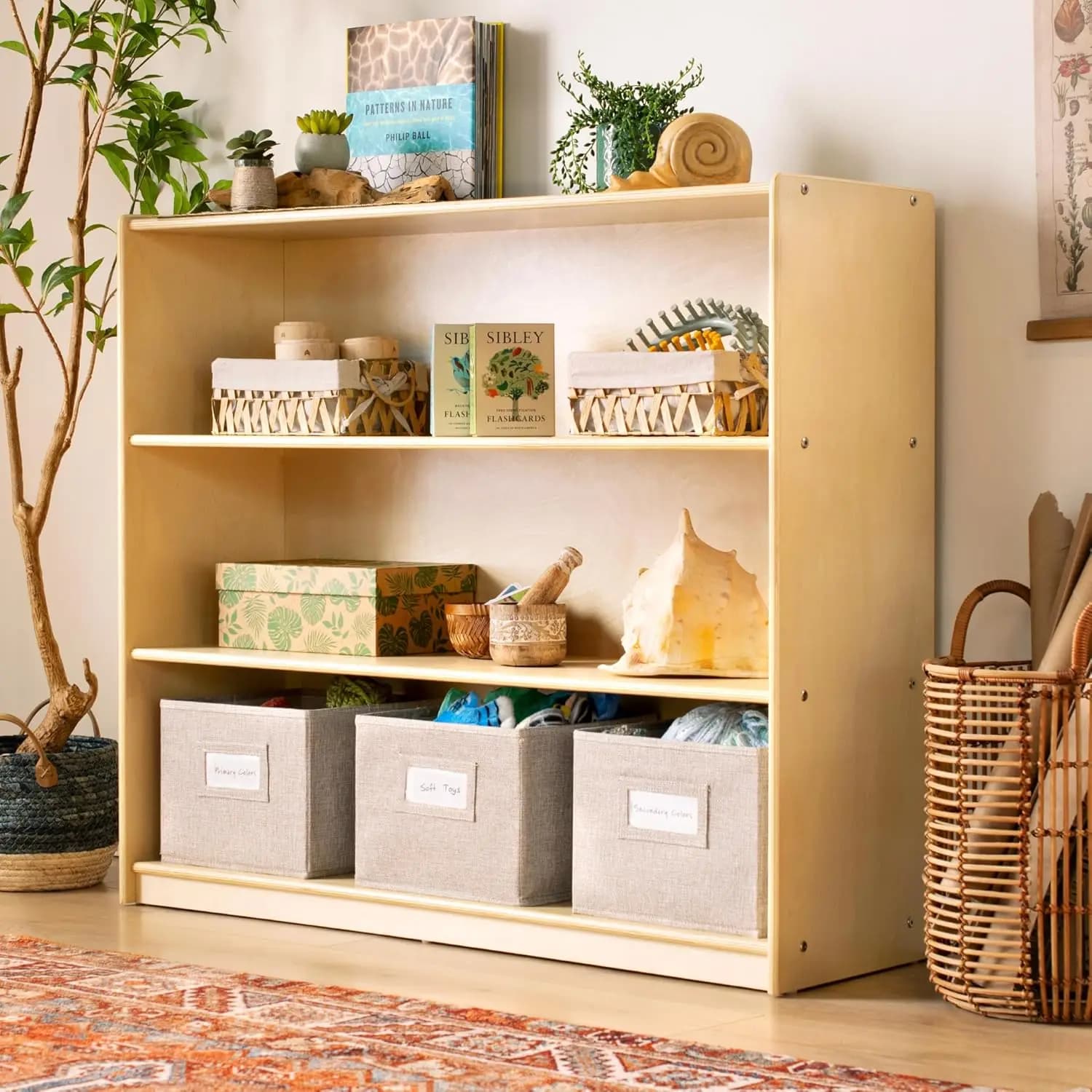 EdQ Three Shelf Open Storage Natural with 3 Fabric Bins: Wooden Kids Bookcases and Toy Storage Organizer;, Customized