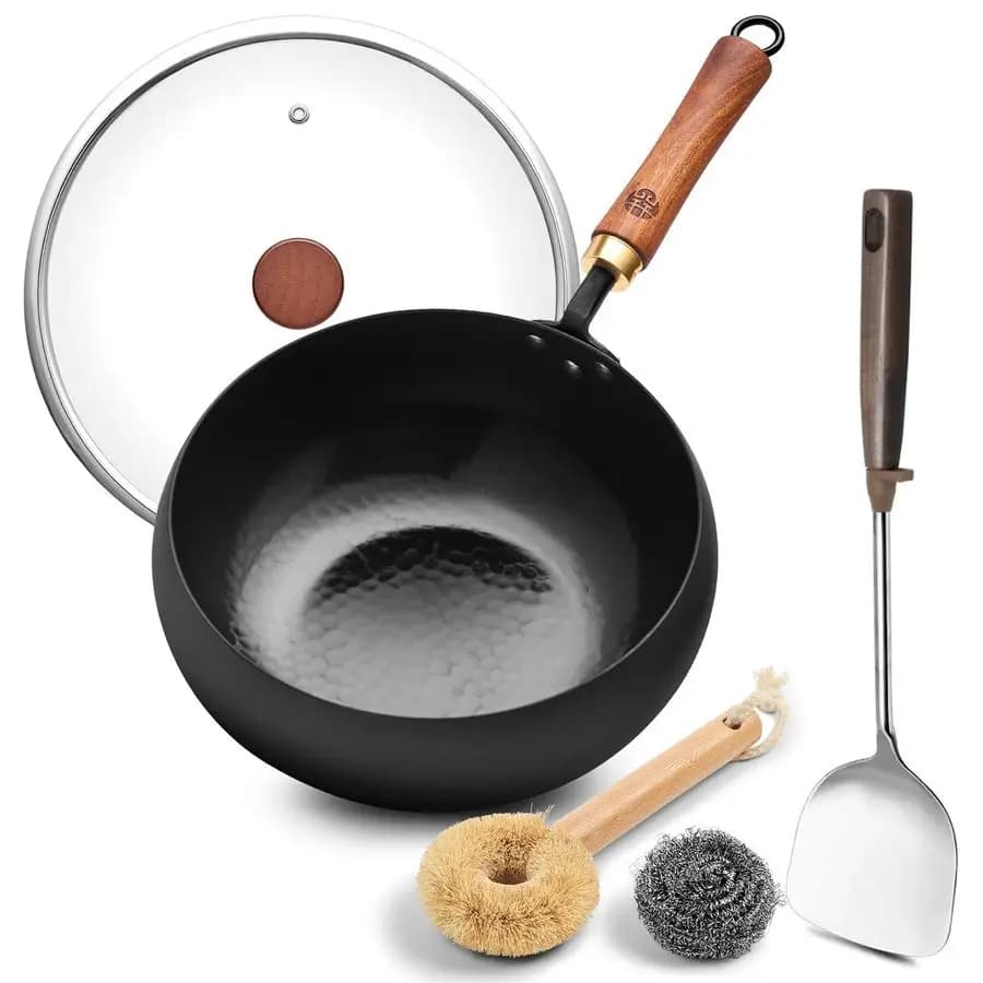 Wrought iron plate bottom Wok with glass lid Detachable wood handle, naturally non-stick pan for gas, electrical
