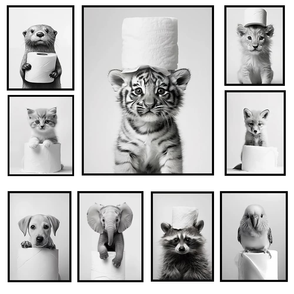 Animali carini in bianco e nero e poster artistici in carta igienica, cani leoni, elefanti, dipinti su tela per la decorazione della parete del bagno